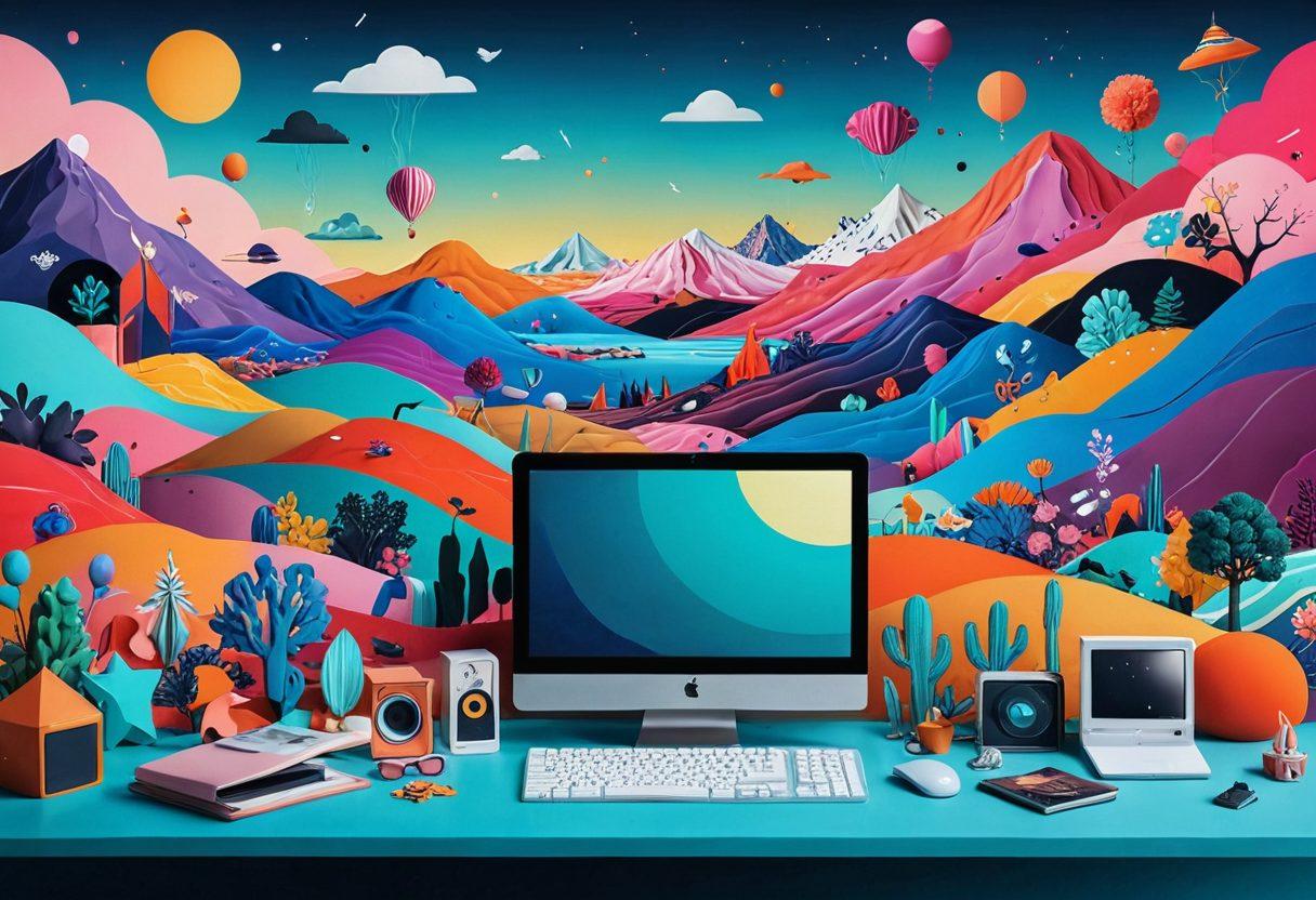A surreal landscape where a whimsical computer screen displays a vibrant collage of eccentric website designs, merging elements of melancholy and madness. Floating above the screen are colorful emotional icons and quirky characters representing the diverse online emotions. The background features abstract shapes hinting at a dreamy atmosphere. The overall color palette should be bright and vivid, contrasting with darker undertones. 3D effect. vibrant colors. surrealism.