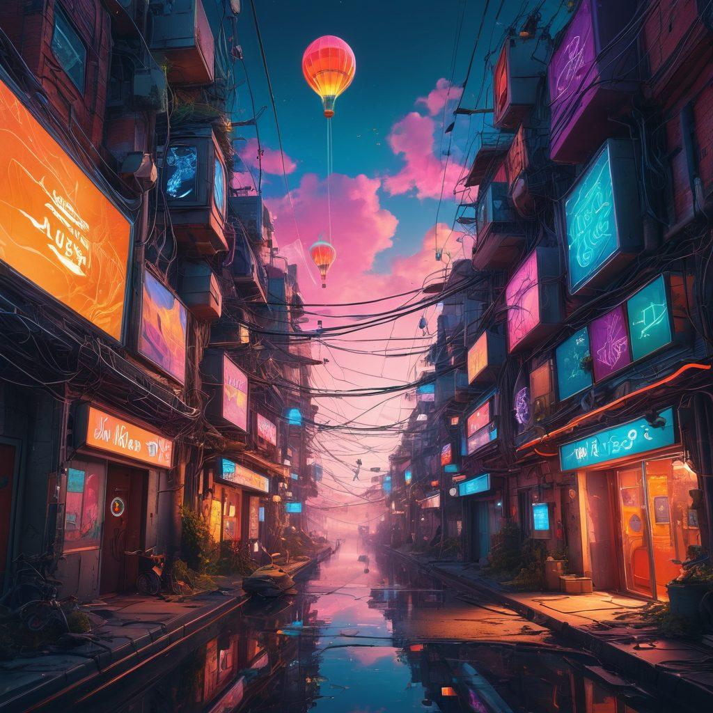 A surreal landscape filled with vibrant, swirling colors representing the whimsical corners of the internet. Include quirky characters interacting playfully with oversized digital devices, like smartphones and tablets, while unusual creatures float in the sky. Integrate elements of chaos with tangled wires and floating algorithms around them. The atmosphere should evoke a sense of joyful madness and curiosity. super-realistic. vibrant colors. cyberpunk.